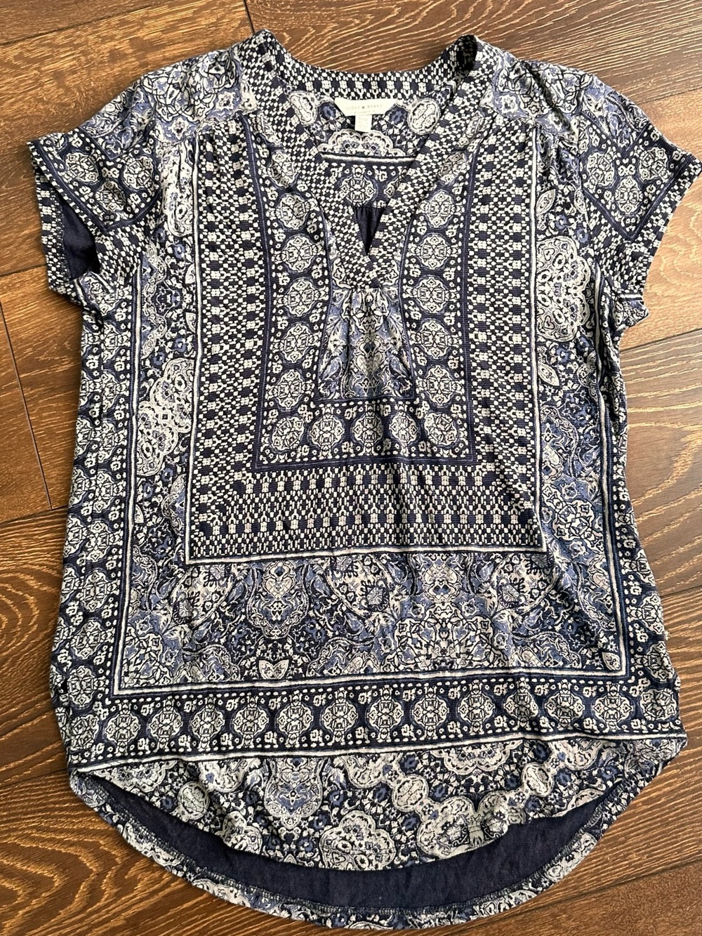 Lucky Brand Navy and White Paisley Short-Sleeve Blouse